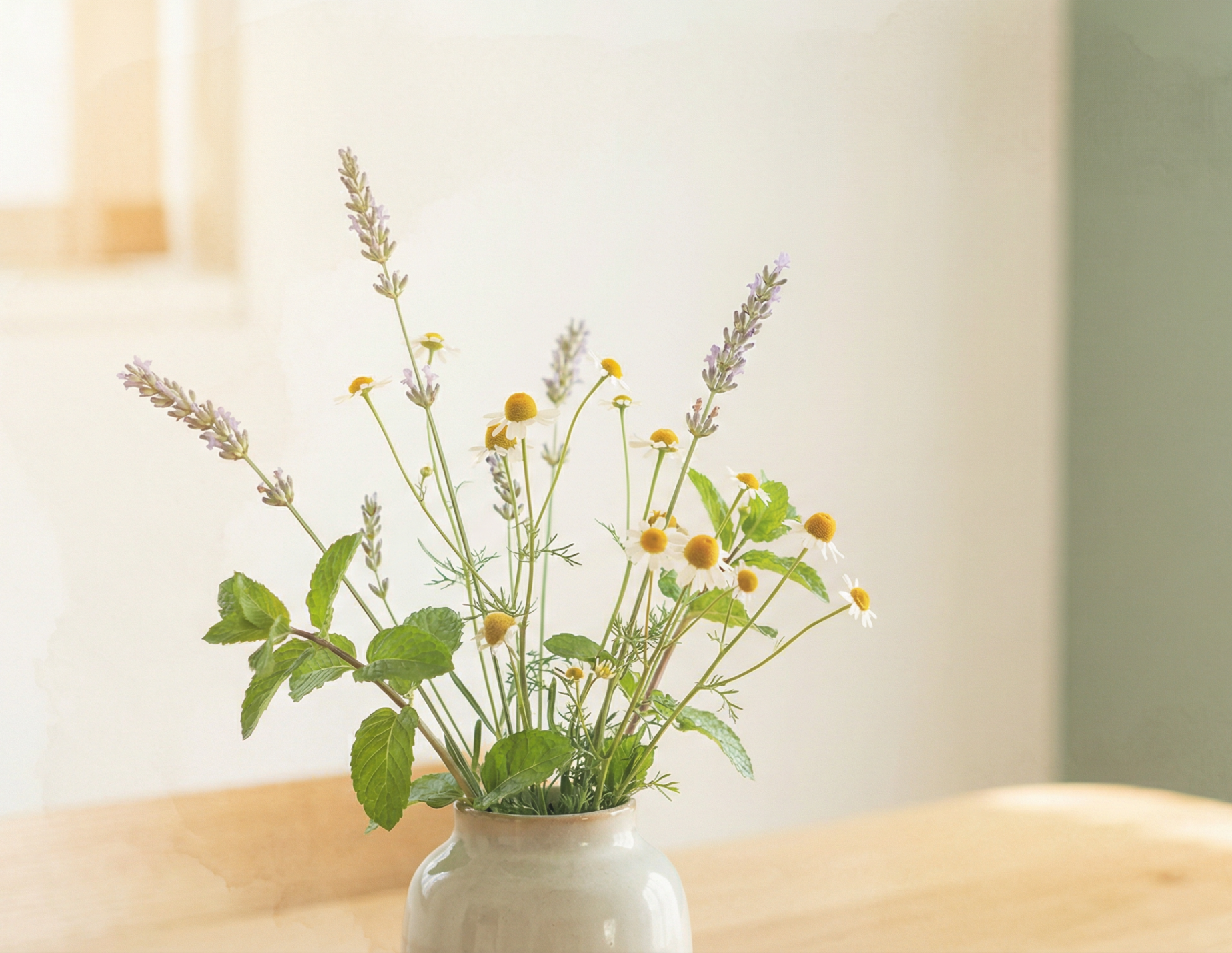 Vase with delicate wildflowers in a bright setting